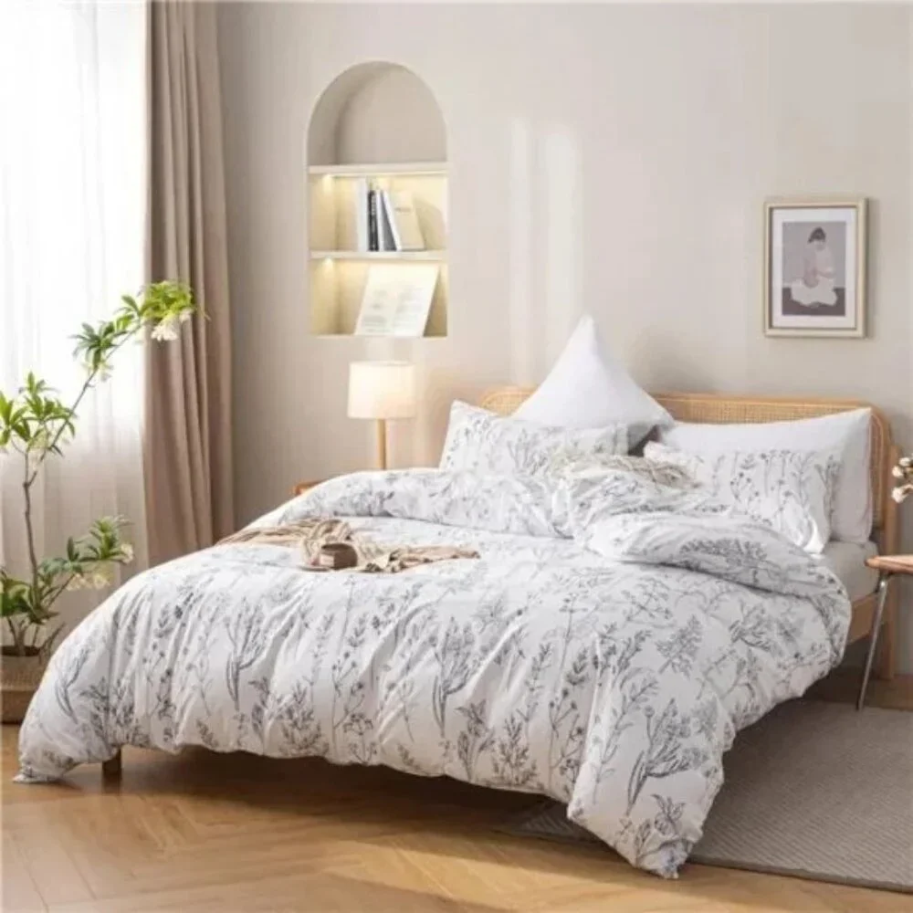 3pcs White Comforter Set,Soft Microfiber Bedding Plant Flowers Printed Comforter